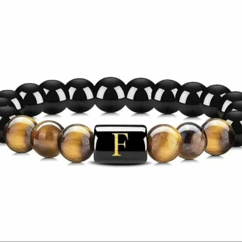 NWT initial “F” letter black agate and tiger eye stone beads‎ bracelet